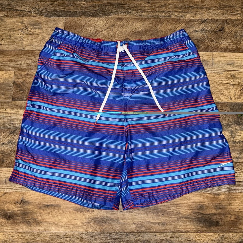 Speedo Swim Trunks Mens XXL Red Blue Striped Drawstring Beach Summer